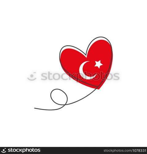 Heart shaped balloon in continuous drawing lines and glitch red heart in a flat style in continuous drawing lines and Turkish flag. Continuous black line. The work of flat design. Symbol of love and tenderness.. Heart shaped balloon in continuous drawing lines and glitch red heart in a flat style in continuous drawing lines and Turkish flag. Continuous black line. The work of flat design. Symbol of love and tenderness