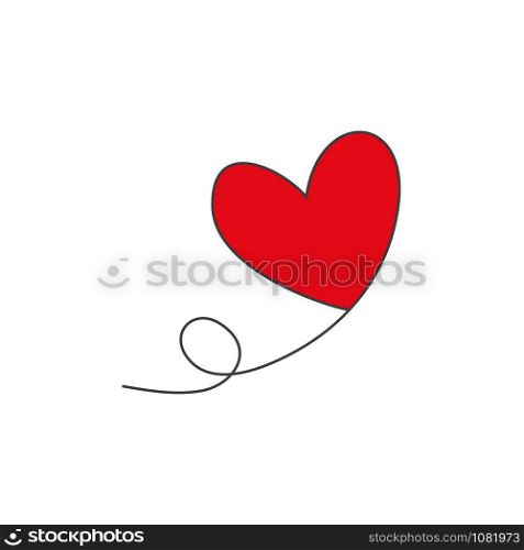 Heart shaped balloon in continuous drawing lines and red heart in a flat style in continuous drawing lines. Continuous black line. The work of flat design. Symbol of love and tenderness.. Heart shaped balloon in continuous drawing lines and red heart in a flat style in continuous drawing lines. Continuous black line. The work of flat design. Symbol of love and tenderness