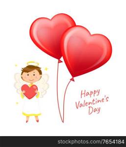 Heart-shaped balloons and angel with wings and halo vector. Valentines day greeting card, love holiday celebration, boy cupid in white dress, cherub. Valentines Day Greeting, Heart-Shaped Balloons