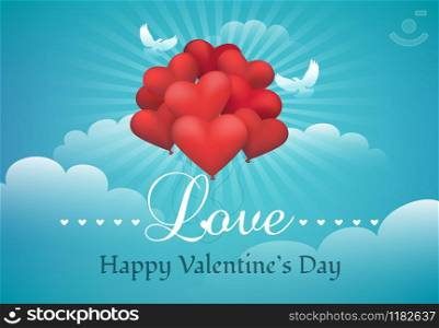 Heart shaped baloon, pigeons, light beams and clouds. Valentines Day Theme. Vector illustration. Valentines Day Illustration with Heart Shaped Balloons
