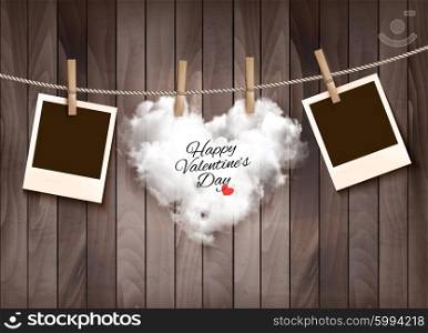 Heart shaped cloud on rope and photos. Valentine&rsquo;s day background. Vector