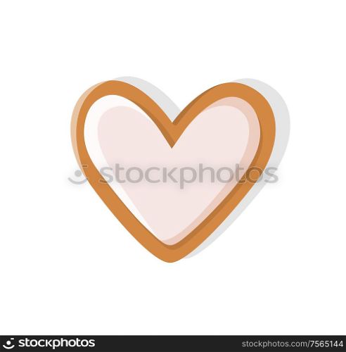 Heart shaped cookie made of gingerbread pastry vector. Isolated icon of ginger biscuit with topping on top, snack baked for Christmas celebration. Heart Shaped Cookie Made of Gingerbread Pastry