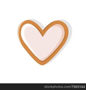Heart shaped cookie made of gingerbread pastry vector. Isolated icon of ginger biscuit with topping on top, snack baked for Christmas celebration. Heart Shaped Cookie Made of Gingerbread Pastry