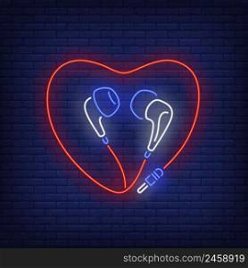 Heart shaped earphones cable neon sign. Music, sound, device design. Night bright neon sign, colorful billboard, light banner. Vector illustration in neon style.