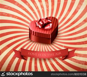 Heart-shaped gift box on retro background. Vector.