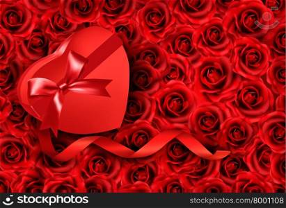 Heart-shaped gift box on rose background. Vector.