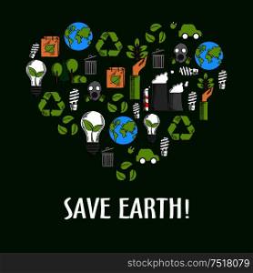 Heart shaped organic ecology icons. Invoking and calling to save it from pollution by using alternative and renewable, natural and ecological energy. Garbage recycling and clean ecosysterm concept. Heart shaped organic ecology icons