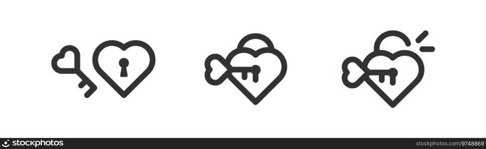 Heart shaped padlock with key in keyhole icon, love, romance, happy st Valentines day simple outline flat style vector illustration.