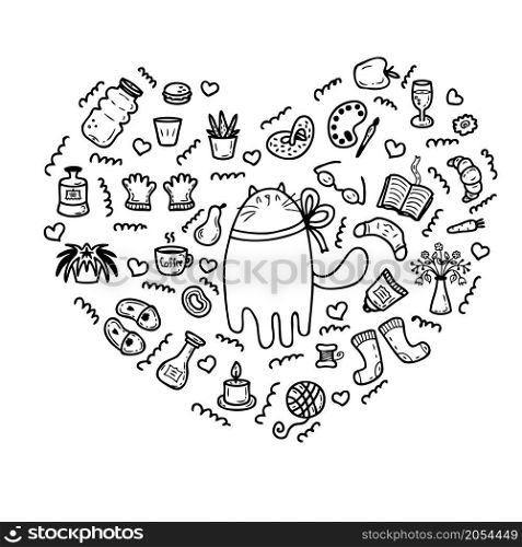 Heart-shaped pattern of elements of self-care and cat. Perfect for scrapbooking, textile and prints. Hand drawn vector illustration for decor and design.
