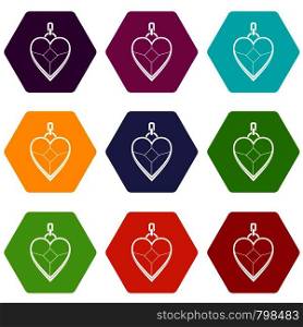 Heart shaped pendant icon set many color hexahedron isolated on white vector illustration. Heart shaped pendant icon set color hexahedron