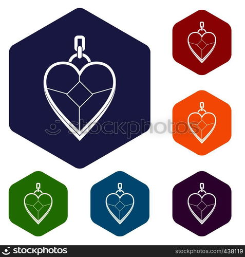 Heart shaped pendant icons set hexagon isolated vector illustration. Heart shaped pendant icons set hexagon