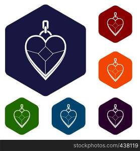 Heart shaped pendant icons set hexagon isolated vector illustration. Heart shaped pendant icons set hexagon
