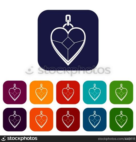 Heart shaped pendant icons set vector illustration in flat style In colors red, blue, green and other. Heart shaped pendant icons set flat