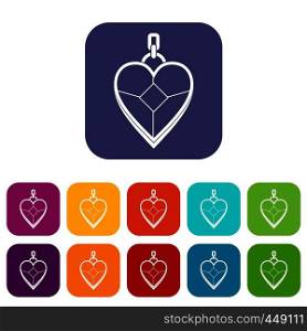Heart shaped pendant icons set vector illustration in flat style In colors red, blue, green and other. Heart shaped pendant icons set flat