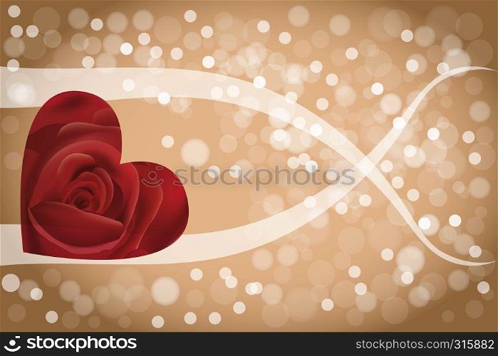 heart-shaped rose, translucent banner and bubbles on shimmering background