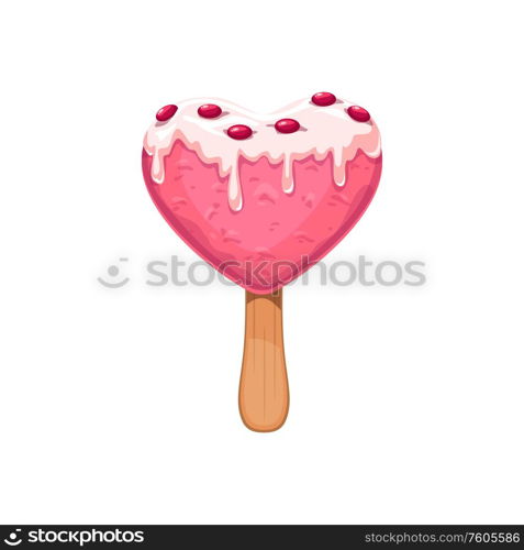 Heart-shaped strawberry ice cream on stick isolated dessert. Vector icecream with sugar topping and candies. Ice cream on stick isolated heart shaped snack