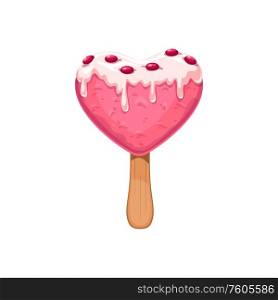 Heart-shaped strawberry ice cream on stick isolated dessert. Vector icecream with sugar topping and candies. Ice cream on stick isolated heart shaped snack
