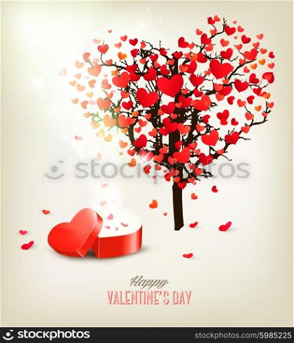 Heart shaped tree and a gift box. Valentine&rsquo;s day background. Vector.