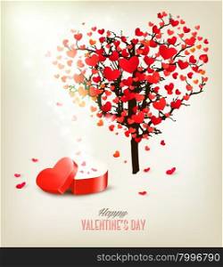 Heart shaped tree and a gift box. Valentine&rsquo;s day background. Vector.