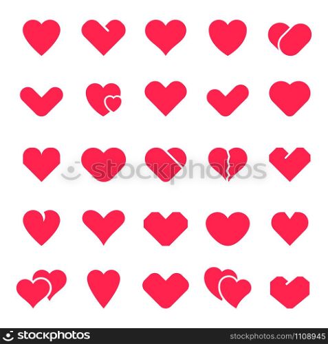 Heart shapes collection. Love symbol, red loving hearts for valentines day greeting card design, elegant romantic elements vector isolated icons set. Holiday flat illustration pack. Heart shapes collection. Love symbol, red loving hearts for valentines day greeting card design, elegant romantic elements vector isolated icons set. Holiday flat illustration bundle