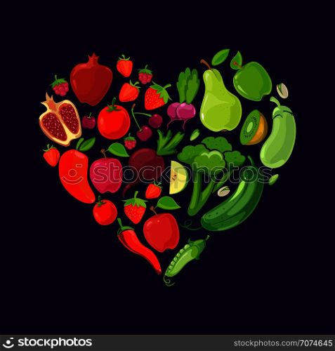 Heart shapes with fruits and vegetables. Diet nutrition organic, vector illustration. Heart shapes with fruits and vegetables