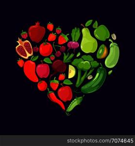 Heart shapes with fruits and vegetables. Diet nutrition organic, vector illustration. Heart shapes with fruits and vegetables