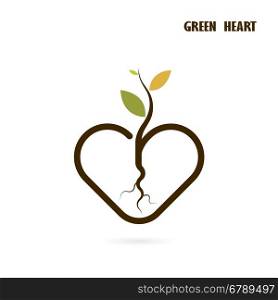 Heart sign and small tree icon with Green concept.Love nature creative logo design template.Green leaf and heart shape symbol. Ecology and Think green concept.Vector illustration.