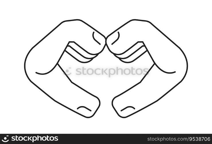 Heart sign monochrome flat vector hand. Hand showing heart shape. Hands gesture. Editable black and white thin line icon. Simple cartoon clip art spot illustration for web graphic design. Heart sign monochrome flat vector hand