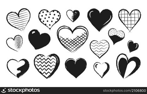 Heart sketch. Grunge paintbrush logo with primitive textures. Scribble black ink shapes. Love and passion contour signs. Isolated romance and marriage symbol. Vector Valentine brushstroke icons set. Heart sketch. Grunge paintbrush logo with primitive textures. Scribble ink shapes. Love and passion contour signs. Romance and marriage symbol. Vector Valentine brushstroke icons set