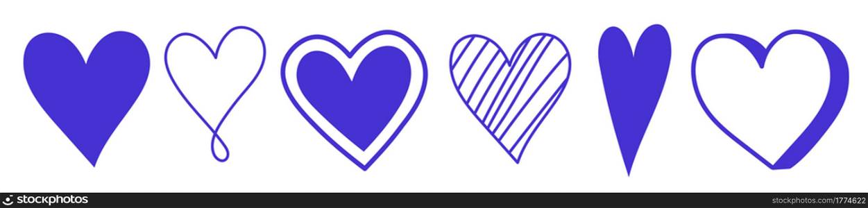Heart sketch set. Blue cute cartoon icon. Doodle hand drawn symbols