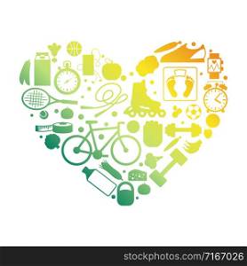 Heart sport equipment silhouettes vector emblem isolated. Illustration of fitness elements bicycle and player, dumbbell and rollers. Heart sport equipment silhouettes vector emblem isolated