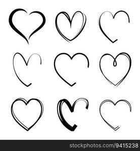 Heart symbol in hand drawn style set. Love icon hand drawn isolated on white background.