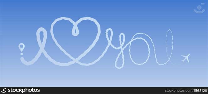 Heart travel love airplane route romantic travel line trace plane routes hearted path love you sky linear icon flight air valentine day drawing isolated vector illustration