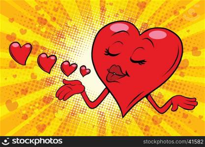 Heart Valentine sends a kiss. Pop art retro illustration. Valentin day, holiday, wedding love and romance