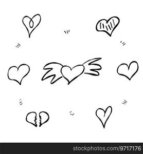 heart wings broken love set elements doodle vector illustration