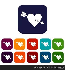 Heart with arrow icons set vector illustration in flat style In colors red, blue, green and other. Heart with arrow icons set flat