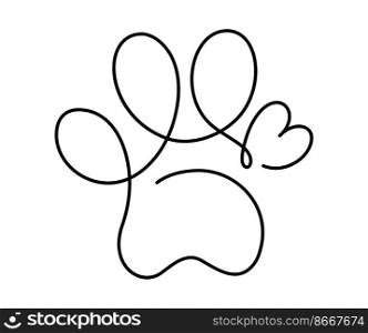 Heart with cat or dog paw in continuous one line drawing logo. Minimal line art. Animal foorprint in heart. Pet love concept.. Heart with cat or dog paw in continuous one line drawing logo. Minimal line art. Animal foorprint in heart. Pet love concept
