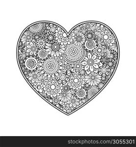 Heart with floral pattern. Valentines day adult coloring page. Vector illustration. Isolated on white background. Valentines day coloring page