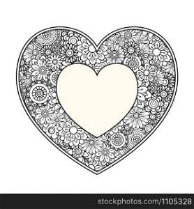 Heart with floral pattern. Valentines day adult coloring page. Vector illustration. Valentines day coloring page