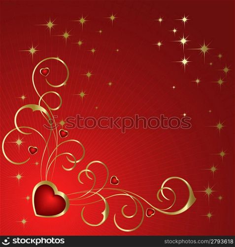 Heart with gold branch on a red background
