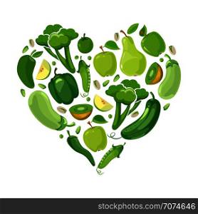 Heart with green vegetabels and fruits. Green raw organic food in form heart. Vector illustration. Heart with green vegetabels and fruits