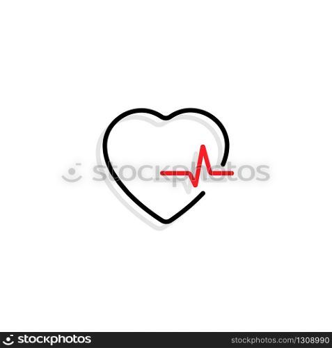 Heart with heartbeat. Black heart with red heartbeat and shadow in flat design, isolated on white background. Heart and heart beat vector icon. Vector illustration.