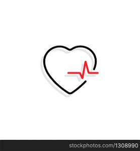 Heart with heartbeat. Black heart with red heartbeat and shadow in flat design, isolated on white background. Heart and heart beat vector icon. Vector illustration.