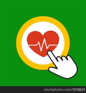 Heart with pulse icon. Heartbeat concept. Hand Mouse Cursor Clicks the Button. Pointer Push Press