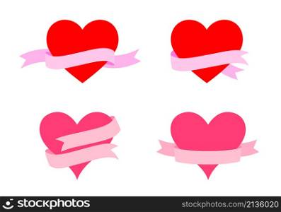 Heart with ribbon icon set. Vector illustration.
