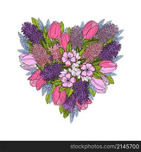 Heart with spring flowers. Tulips and hyacinths. Vector sketch illustration.. Tulips and hyacinths. Vector sketch illustration.