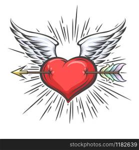 Heart with Wings pierced by Arrow Tattoo in retro style. Vector illustration.. Winged Heart Pierced by Arrow Tattoo