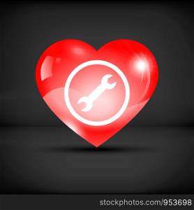 Heart with wrench icon inside on a black background. Heart with wrench icon inside