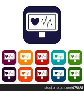 Heartbeat icons set vector illustration in flat style in colors red, blue, green, and other. Heartbeat icons set