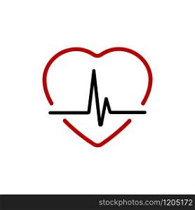 Heartbeat line with Heart red. Heart beat line black icon with red heart in linear design, isolated on white background. Pulse trace in modern flat style. Vector illustration.